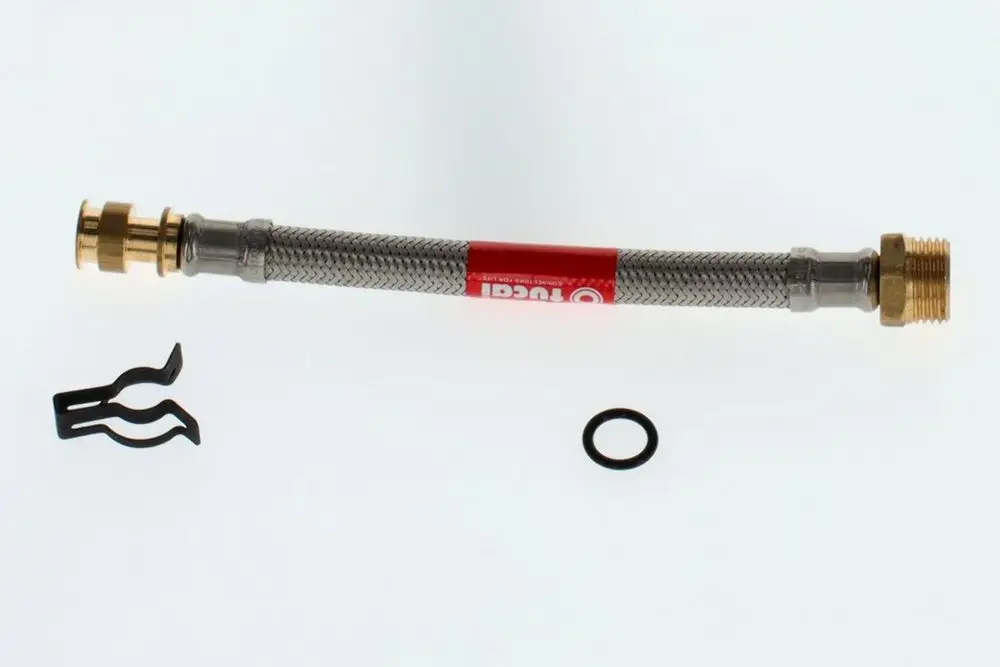 Flexschlauch mit metallischer Umhüllung und zwei Messinganschlüssen. Enthält zusätzlich eine schwarze Dichtung und eine Clip-Befestigung. Produkt von Bosch.
